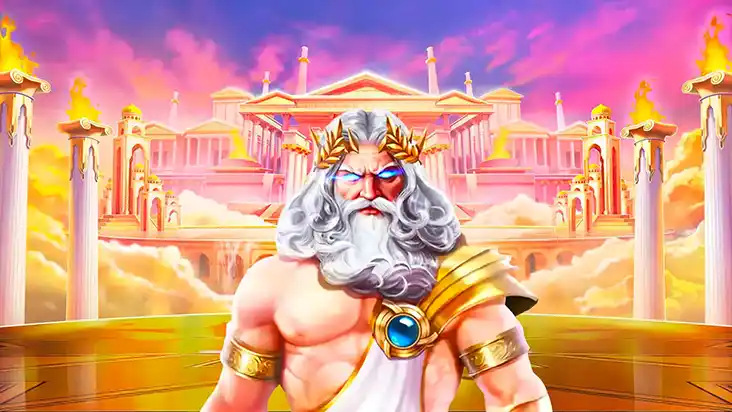 Greek god with glowing blue eyes in front of a golden temple among the clouds
